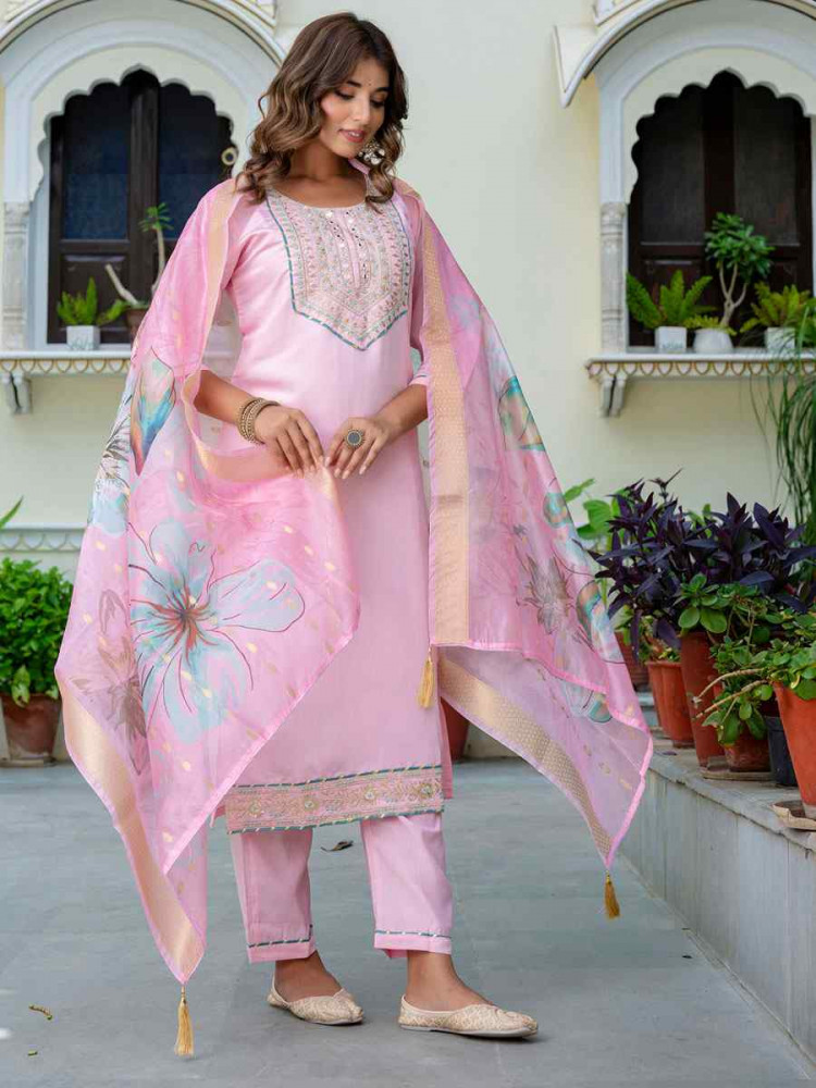 Image of Pink Silk Blend Handwoven Party Wedding Festival Casual Ready Pant Salwar Kameez