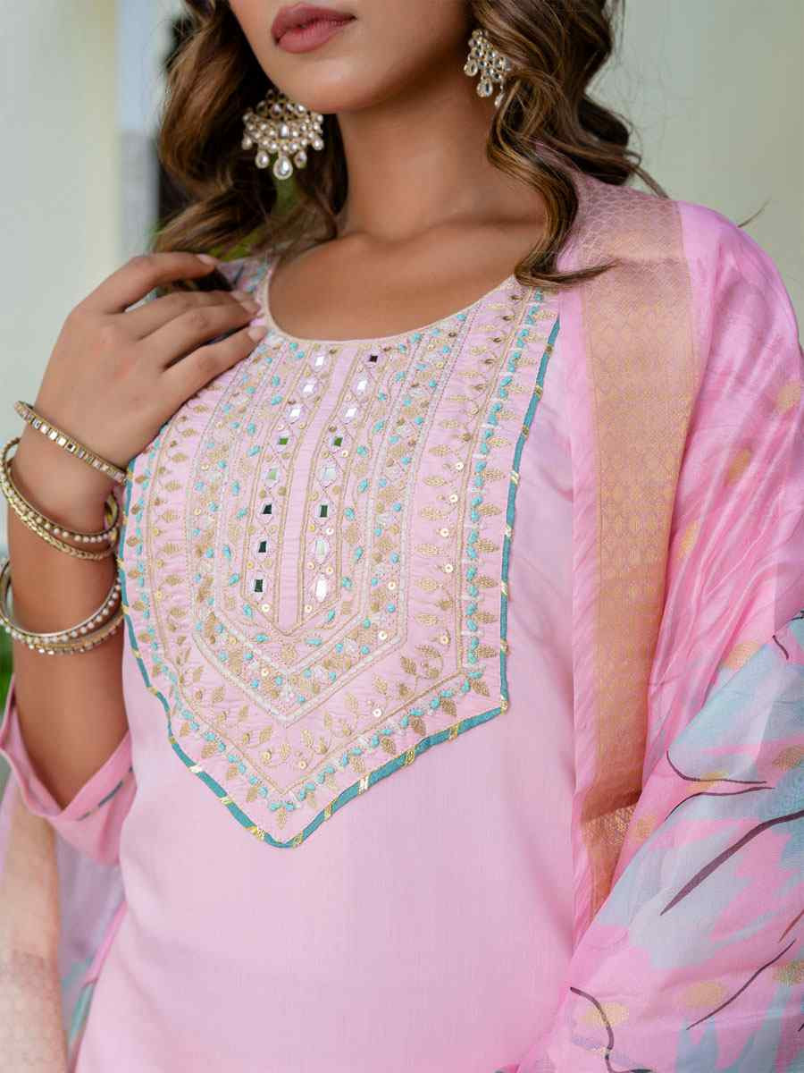 Pink Silk Blend Handwoven Party Wedding Festival Casual Ready Pant Salwar Kameez