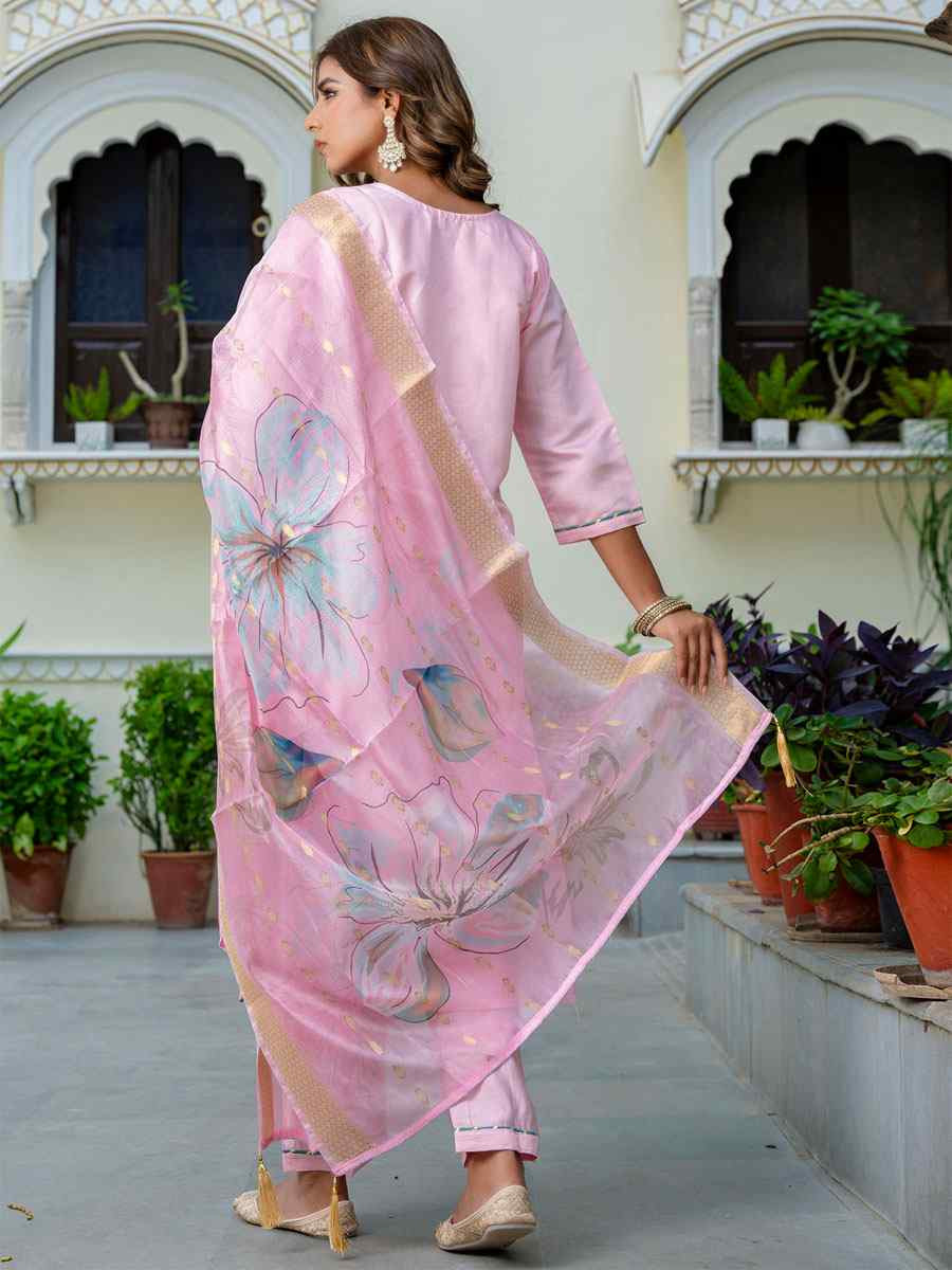 Pink Silk Blend Handwoven Party Wedding Festival Casual Ready Pant Salwar Kameez
