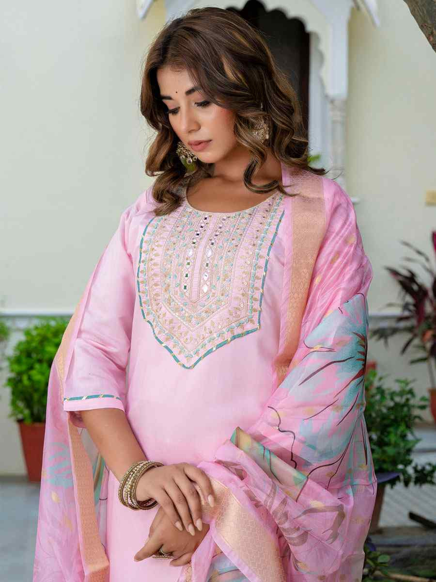 Pink Silk Blend Handwoven Party Wedding Festival Casual Ready Pant Salwar Kameez