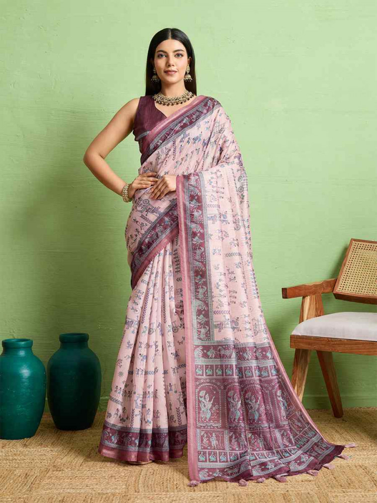 Image of Pink Silk Blend Printed Festival Wedding Fancy Heavy Border Saree