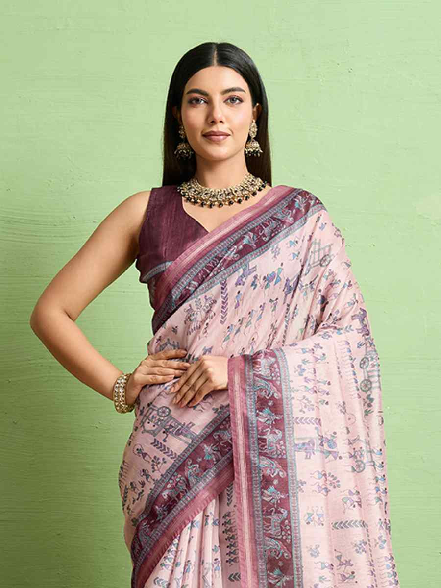Pink Silk Blend Printed Festival Wedding Fancy Heavy Border Saree