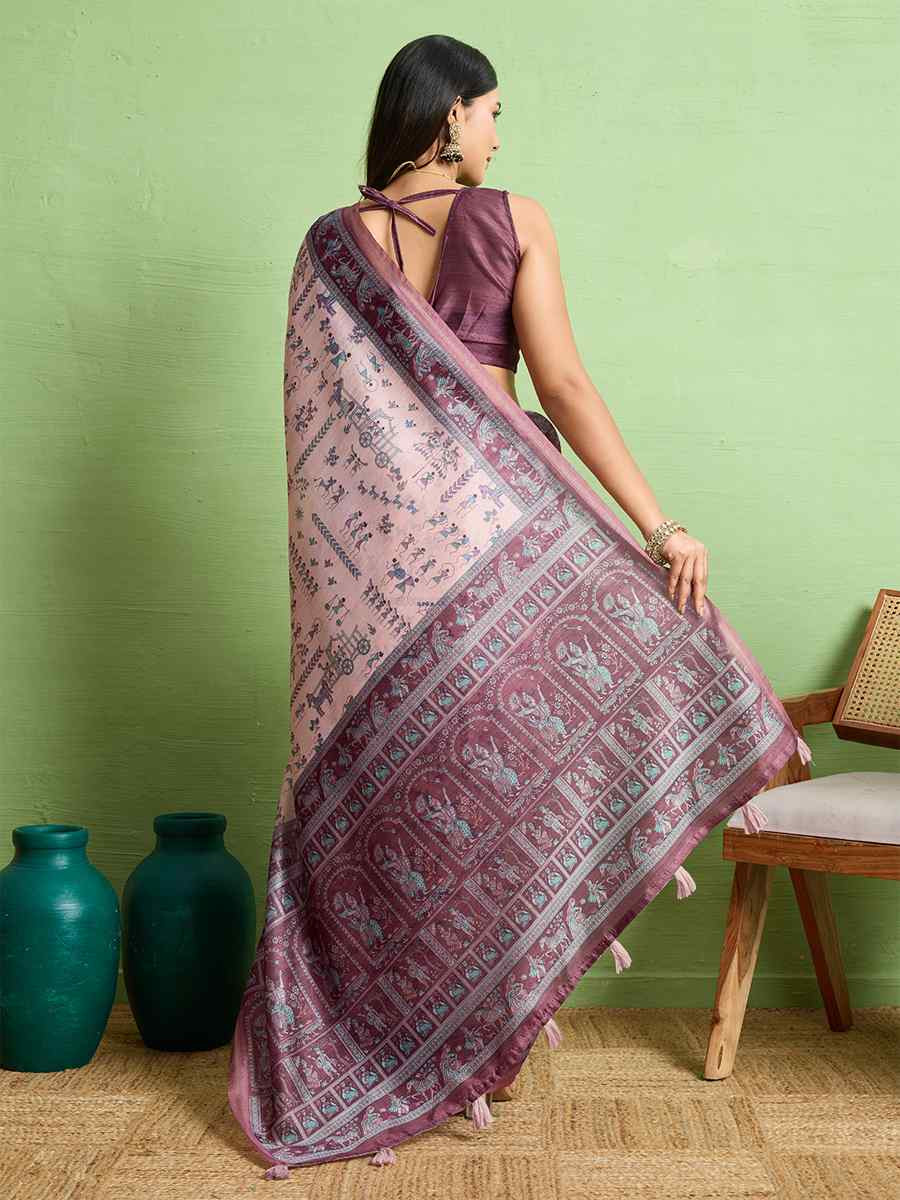 Pink Silk Blend Printed Festival Wedding Fancy Heavy Border Saree