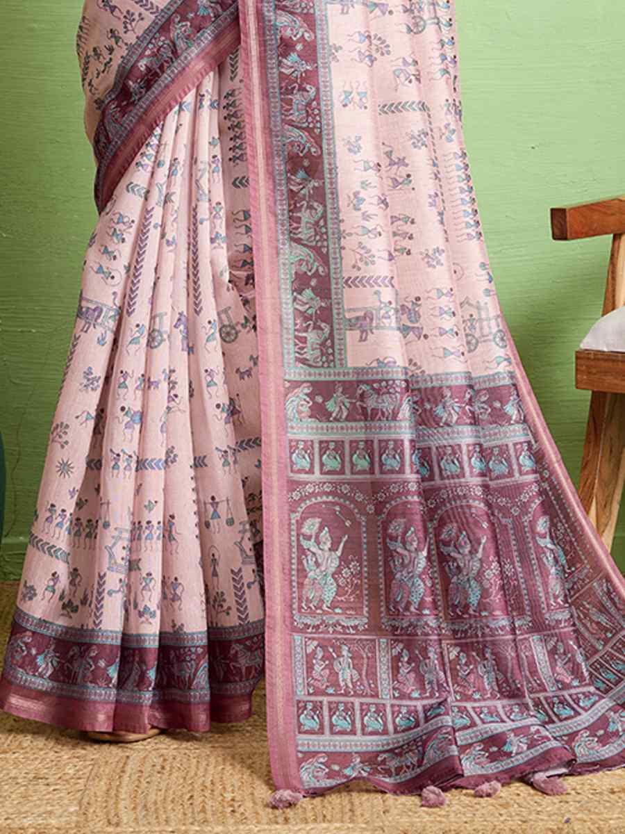 Pink Silk Blend Printed Festival Wedding Fancy Heavy Border Saree