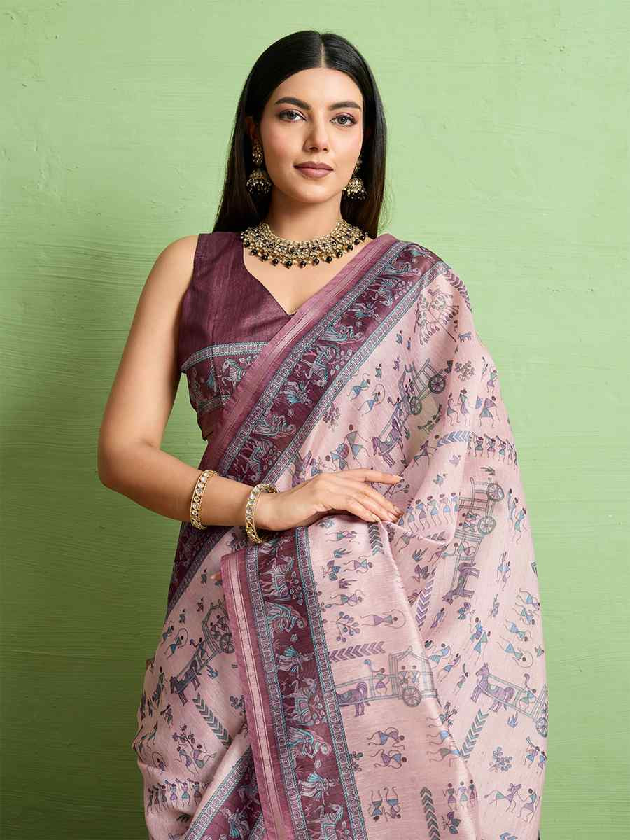Pink Silk Blend Printed Festival Wedding Fancy Heavy Border Saree