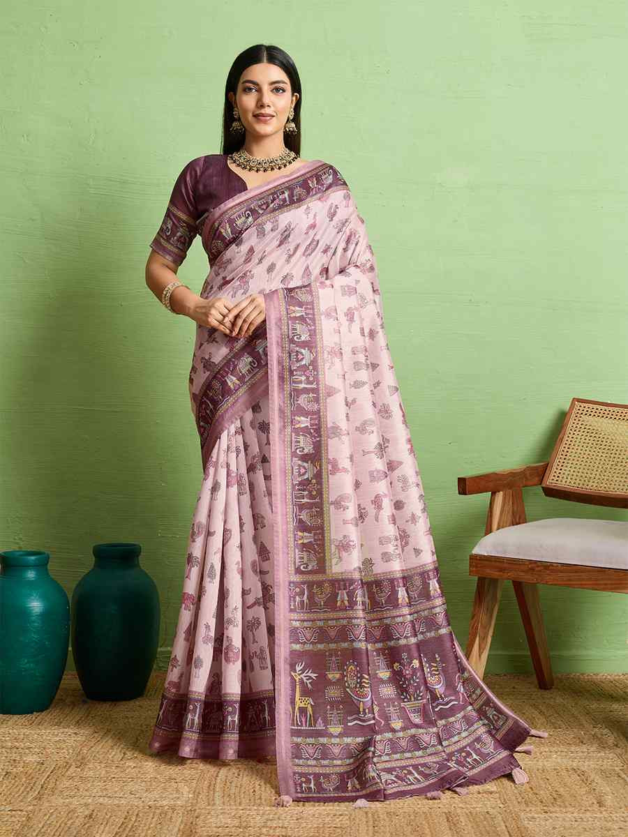 Pink Silk Blend Printed Festival Wedding Fancy Heavy Border Saree