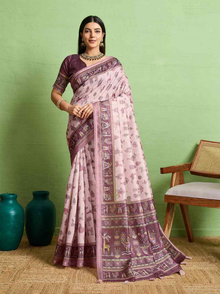 Image of Pink Silk Blend Printed Festival Wedding Fancy Heavy Border Saree