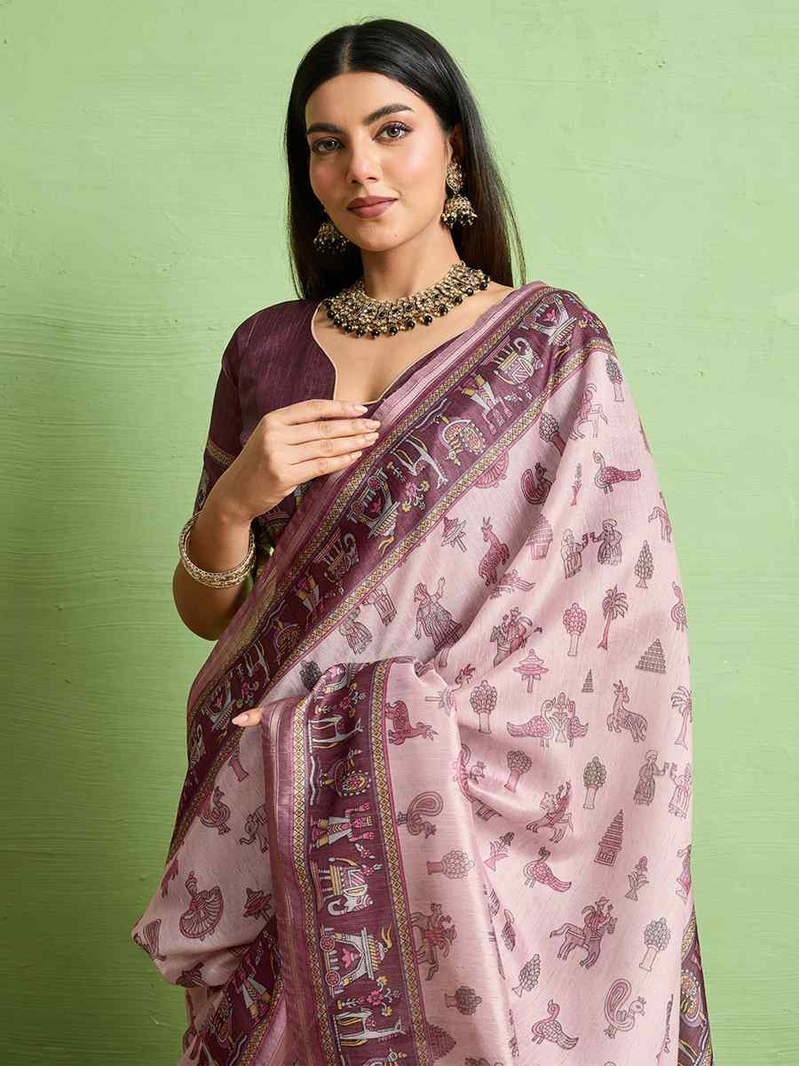 Pink Silk Blend Printed Festival Wedding Fancy Heavy Border Saree
