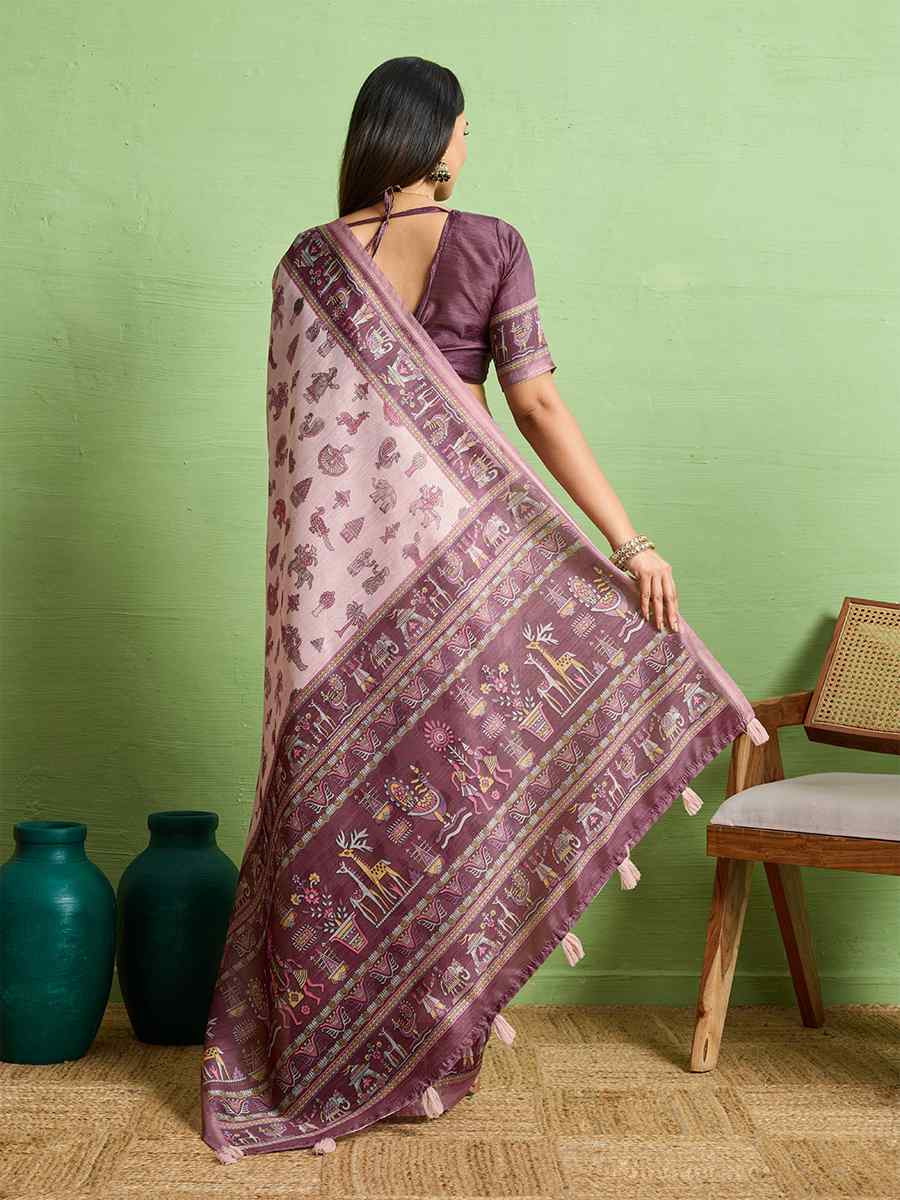 Pink Silk Blend Printed Festival Wedding Fancy Heavy Border Saree
