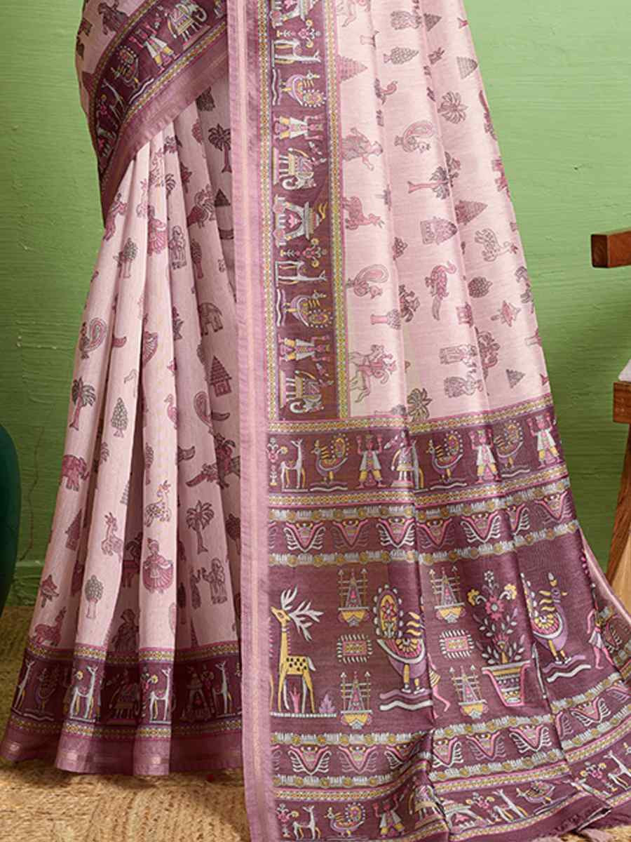 Pink Silk Blend Printed Festival Wedding Fancy Heavy Border Saree