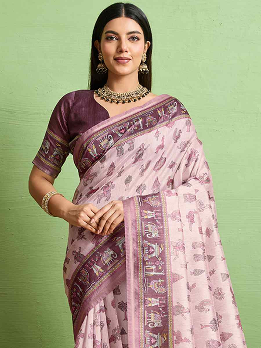 Pink Silk Blend Printed Festival Wedding Fancy Heavy Border Saree