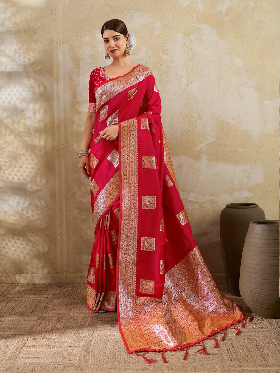 Pink Silk Blend Zari Wedding Reception Party Festival Casual Heavy Border Sarees