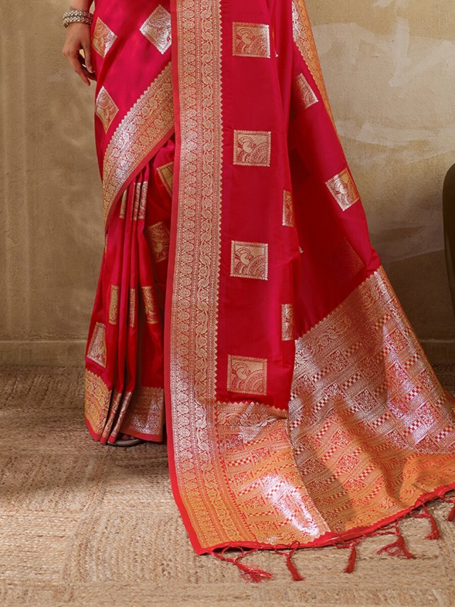 Pink Silk Blend Zari Wedding Reception Party Festival Casual Heavy Border Sarees