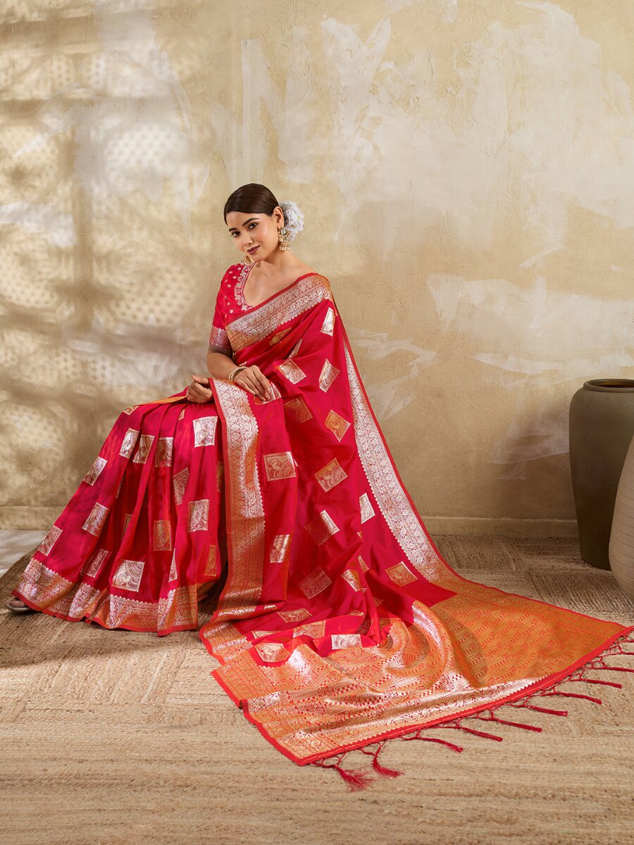 Pink Silk Blend Zari Wedding Reception Party Festival Casual Heavy Border Sarees