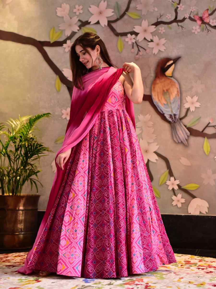 Pink Silk Cotton Printed Designer Festival Casual Anarkali Salwar Kameez