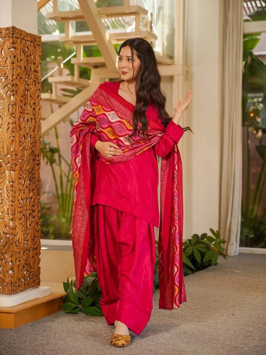 Pink Silk Crepe Printed Wedding Party Festival Casual Ready Palazzo Pant Salwar Kameez