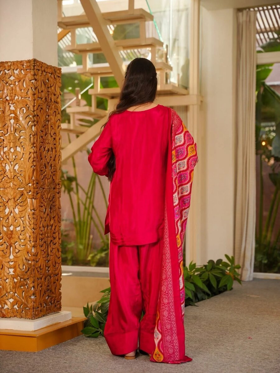 Pink Silk Crepe Printed Wedding Party Festival Casual Ready Palazzo Pant Salwar Kameez