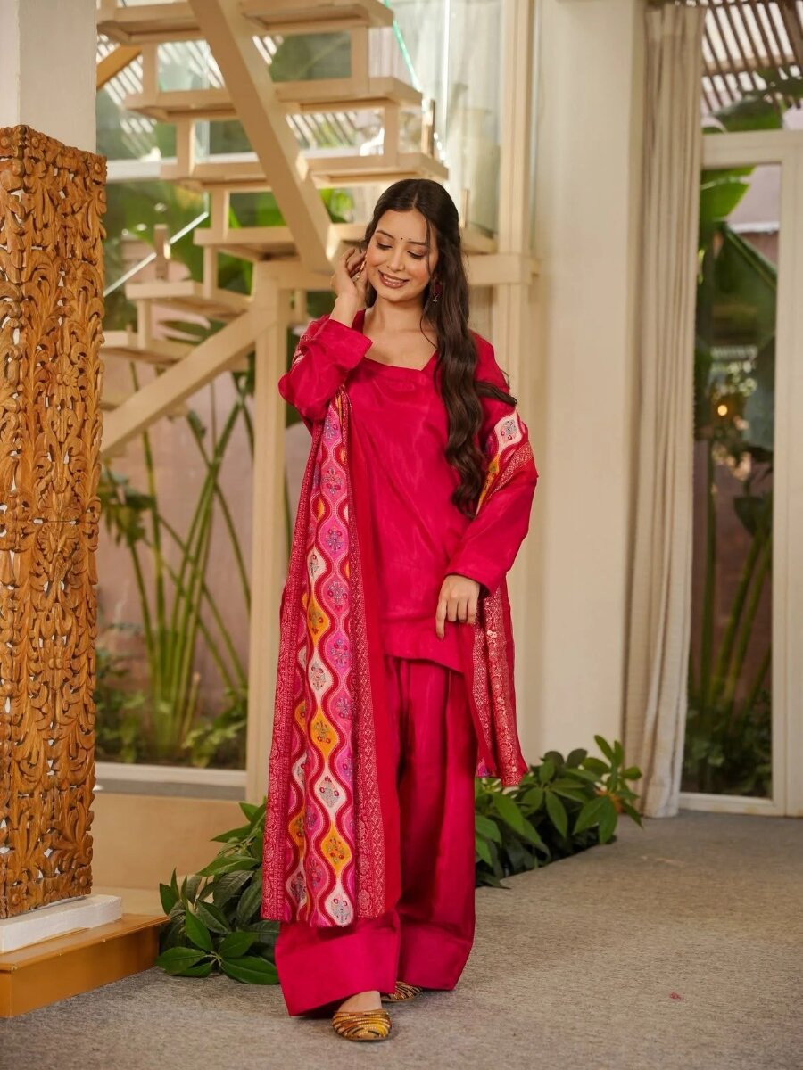 Pink Silk Crepe Printed Wedding Party Festival Casual Ready Palazzo Pant Salwar Kameez