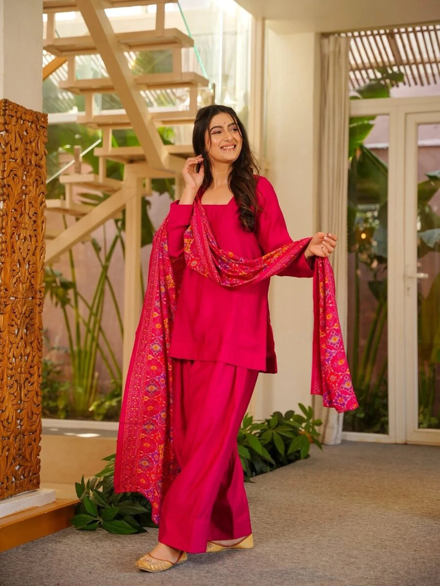 Pink Silk Crepe Printed Wedding Party Festival Casual Ready Palazzo Pant Salwar Kameez