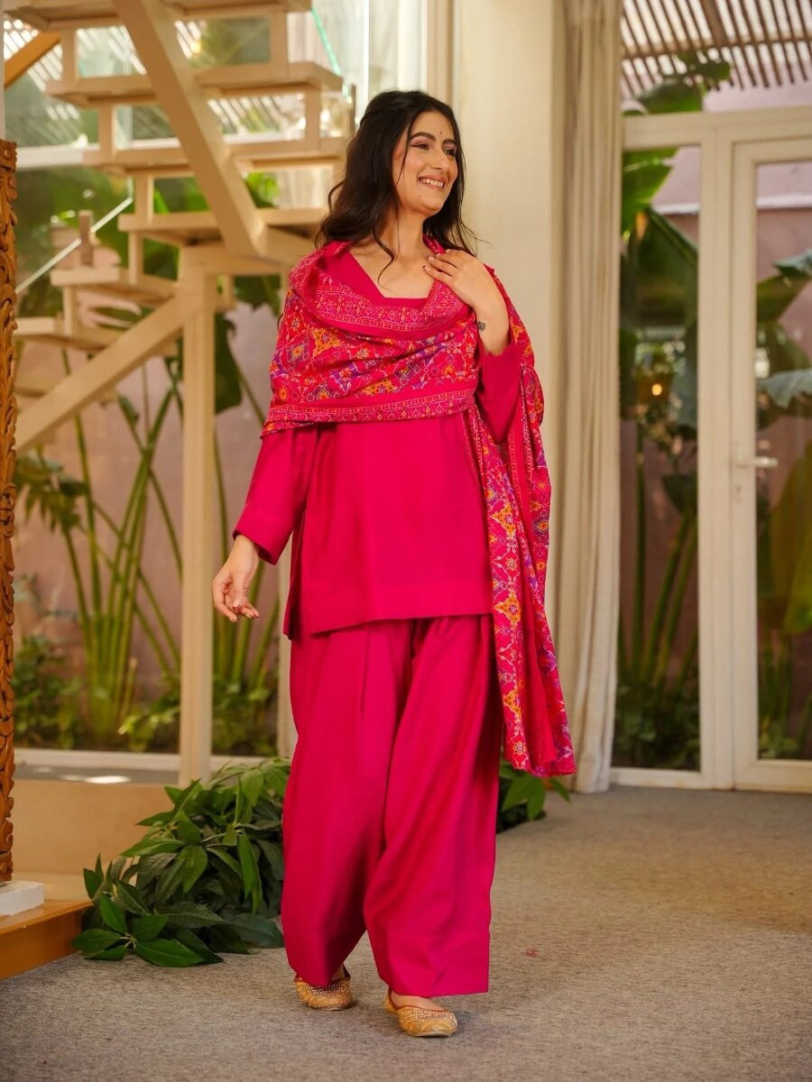 Pink Silk Crepe Printed Wedding Party Festival Casual Ready Palazzo Pant Salwar Kameez