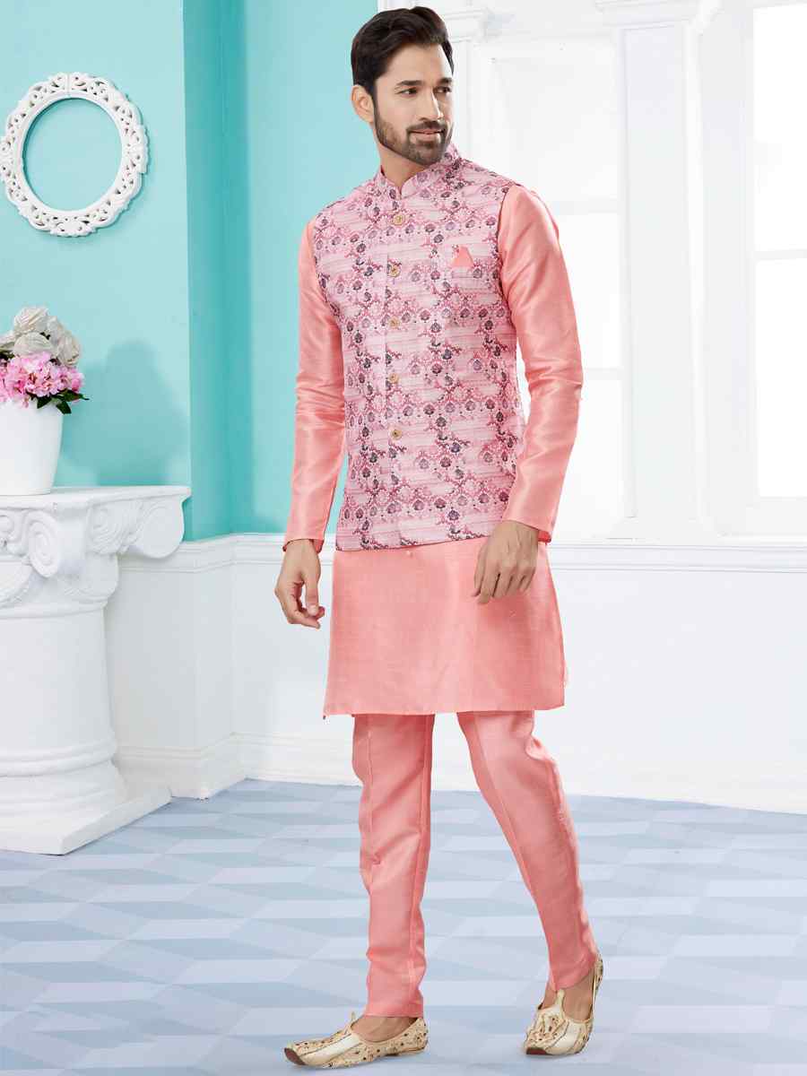 Pink Silk Dupion Printed Festival Party Kurta