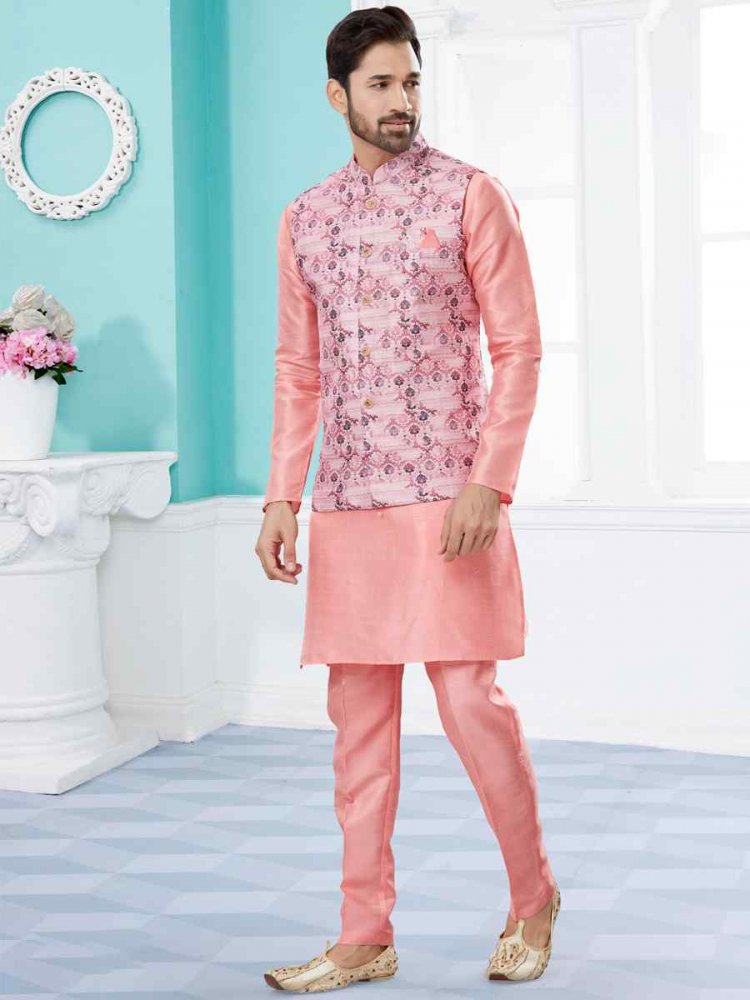 Pink Silk Dupion Printed Festival Party Kurta