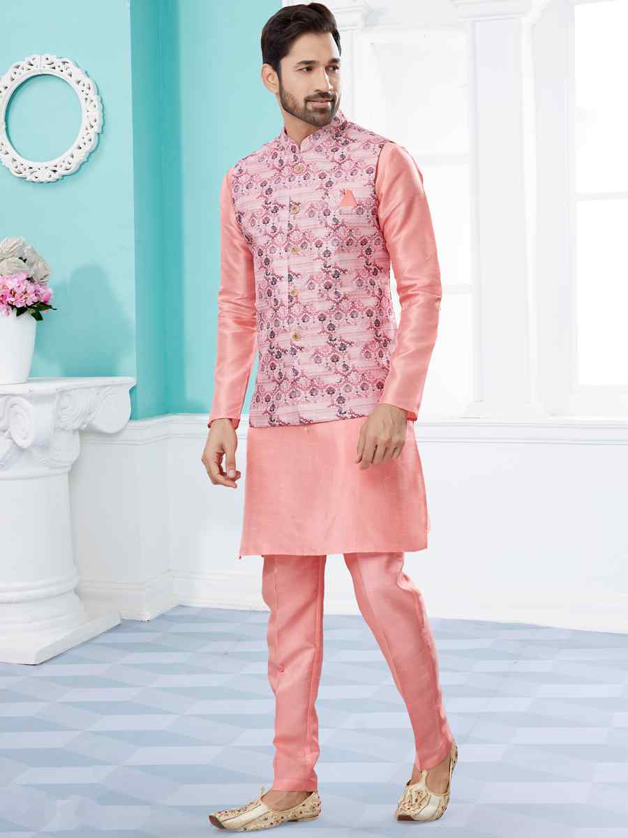 Pink Silk Dupion Woven Festival Party Kurta