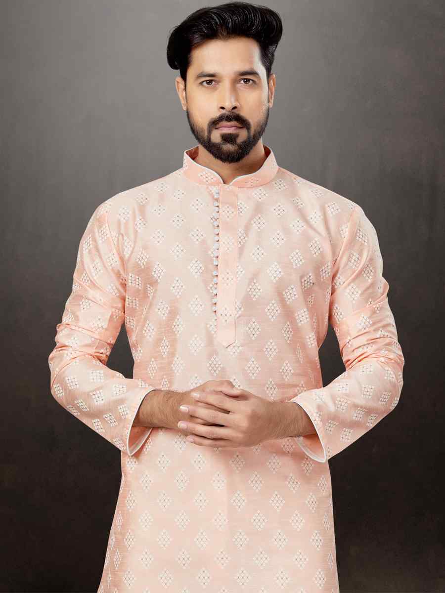 Pink Silk Dupion Woven Festival Wedding Kurta