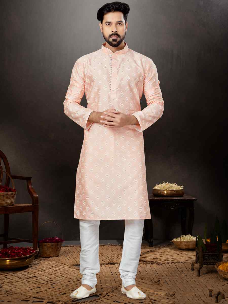 Pink Silk Dupion Woven Festival Wedding Kurta