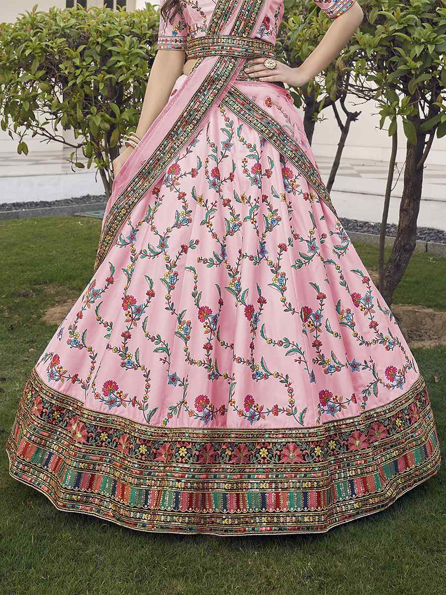 Pink Silk Embroidered Bridal Reception Heavy Border Lehenga Choli
