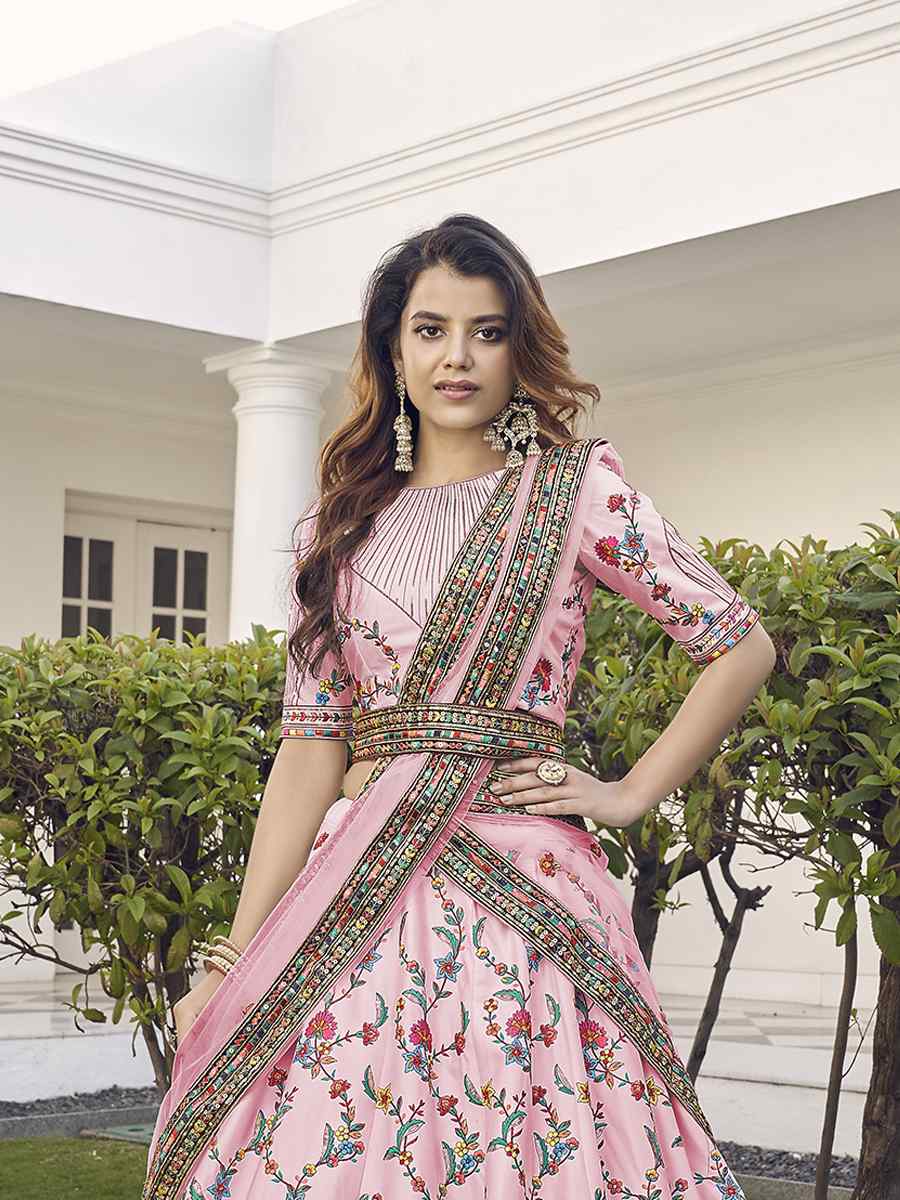 Pink Silk Embroidered Bridal Reception Heavy Border Lehenga Choli
