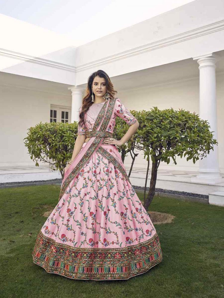 Pink Silk Embroidered Bridal Reception Heavy Border Lehenga Choli