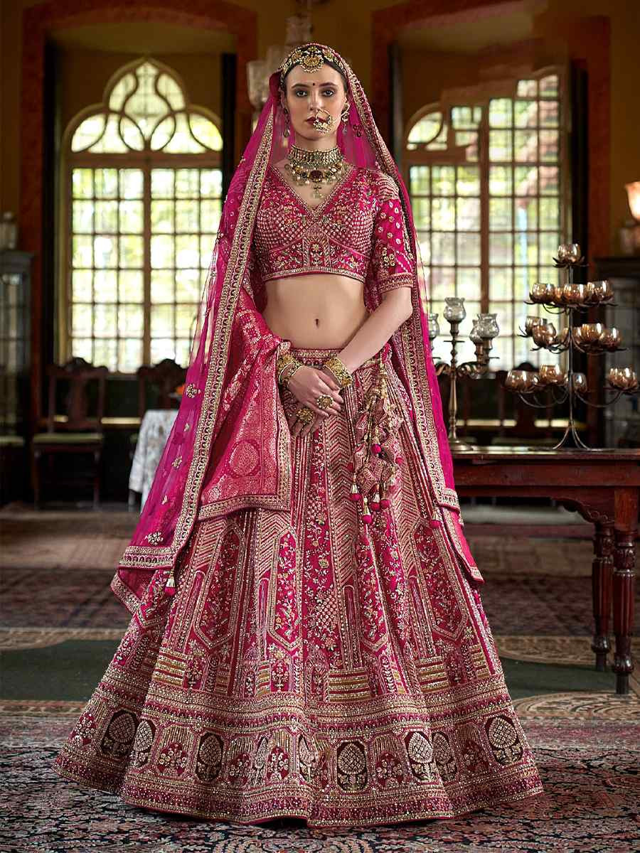 Pink Silk Embroidered Bridal Wedding Reception Festival Heavy Border Lehenga Choli