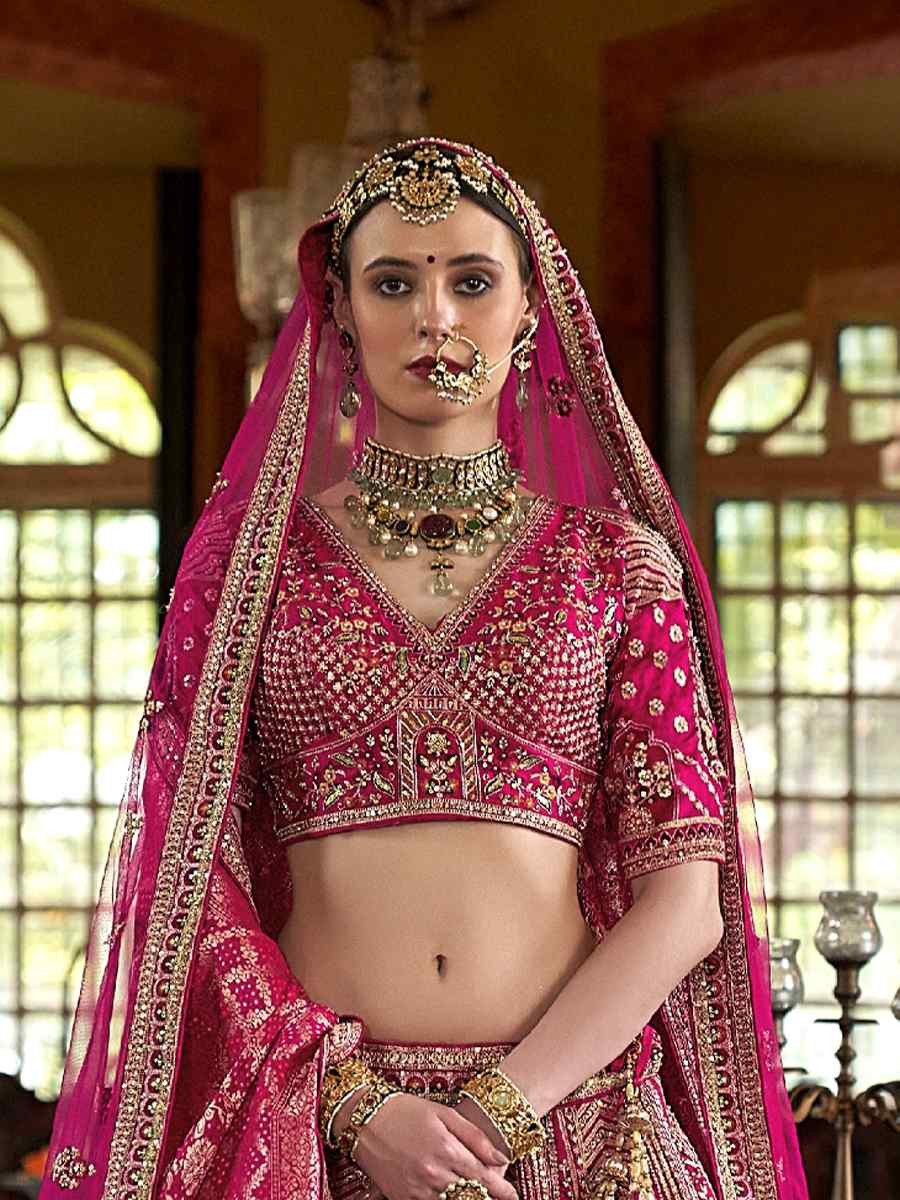 Pink Silk Embroidered Bridal Wedding Reception Festival Heavy Border Lehenga Choli