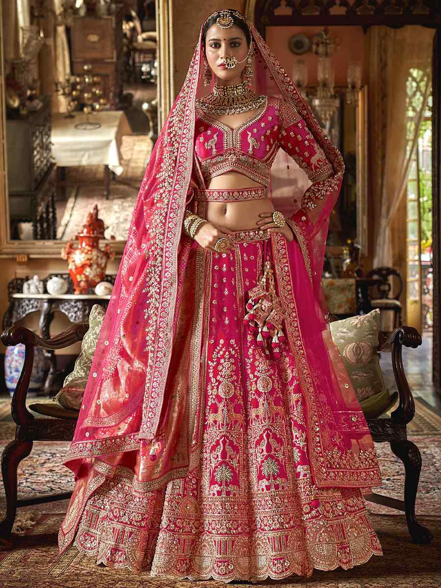 Pink Silk Embroidered Bridal Wedding Reception Festival Heavy Border Lehenga Choli