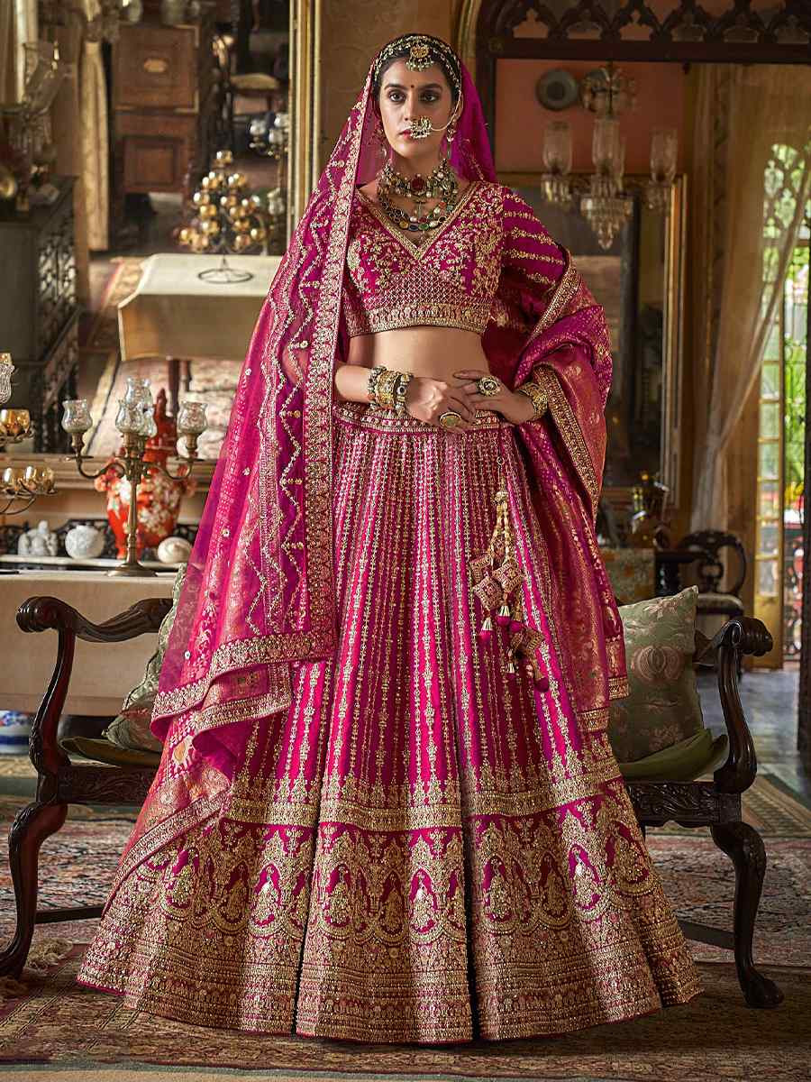 Pink Silk Embroidered Bridal Wedding Reception Festival Heavy Border Lehenga Choli