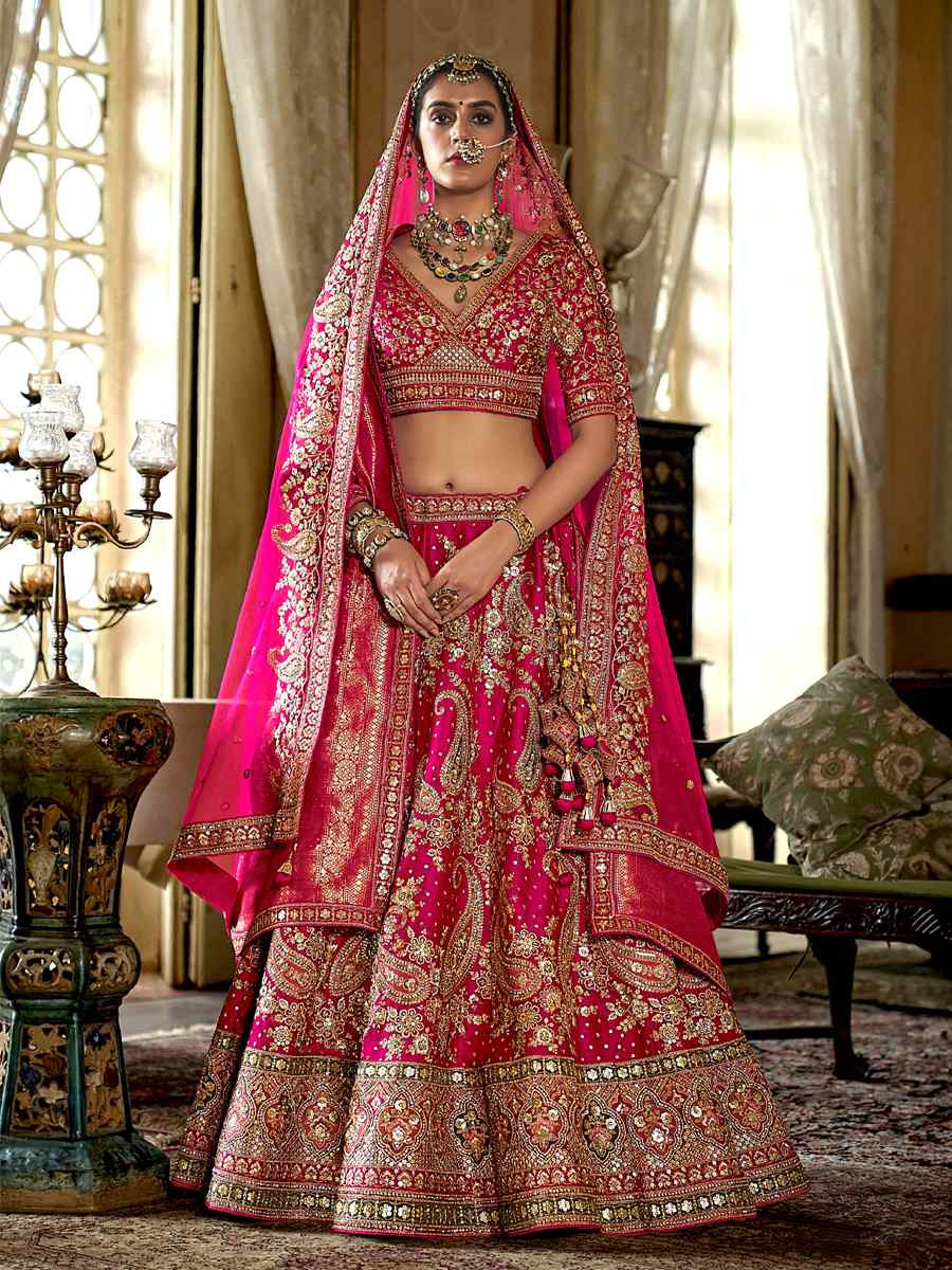 Pink Silk Embroidered Bridal Wedding Reception Festival Heavy Border Lehenga Choli