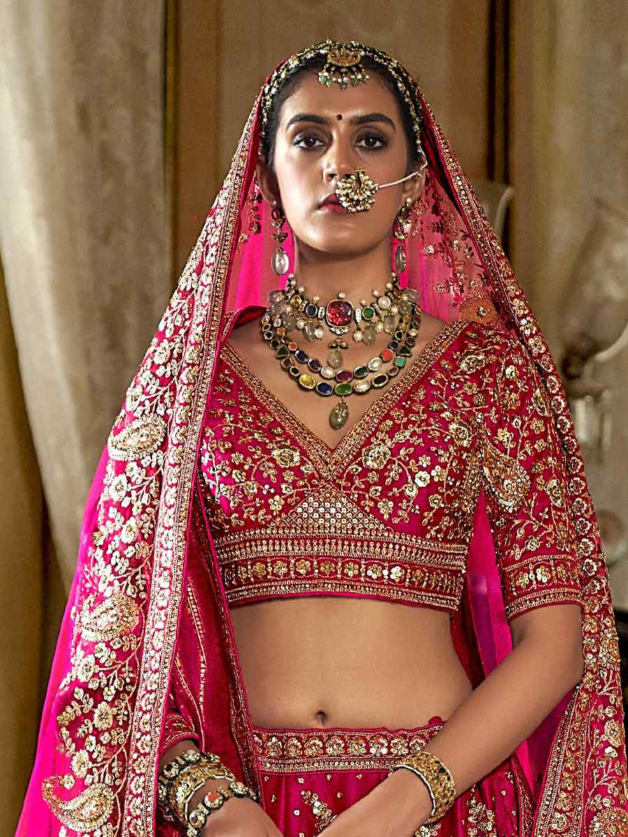 Pink Silk Embroidered Bridal Wedding Reception Festival Heavy Border Lehenga Choli