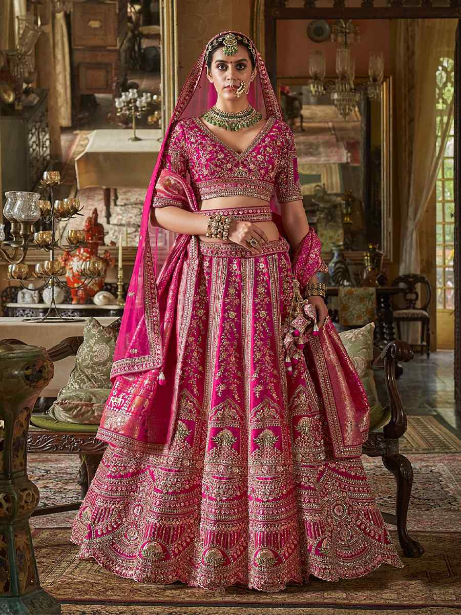 Pink Silk Embroidered Bridal Wedding Reception Festival Heavy Border Lehenga Choli