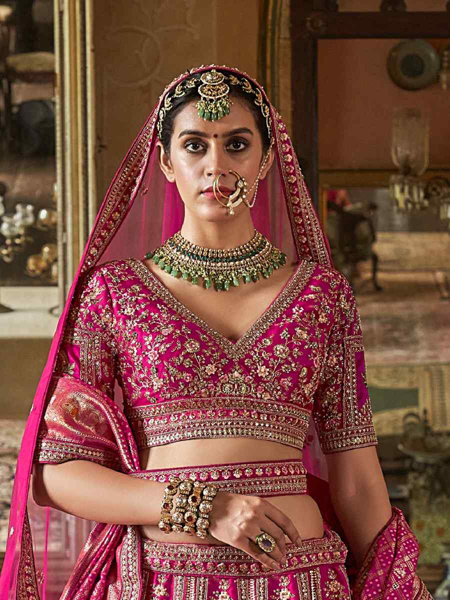 Pink Silk Embroidered Bridal Wedding Reception Festival Heavy Border Lehenga Choli