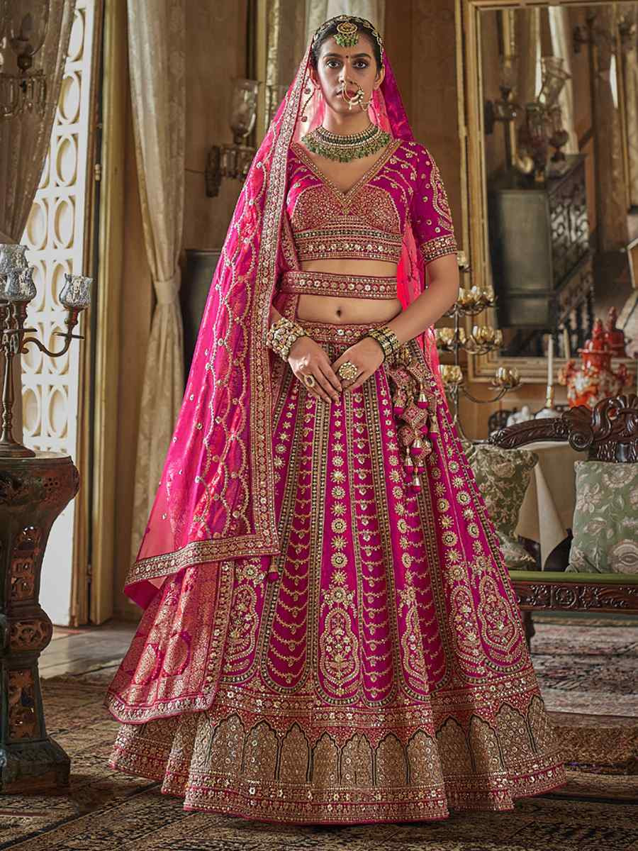 Pink Silk Embroidered Bridal Wedding Reception Festival Heavy Border Lehenga Choli