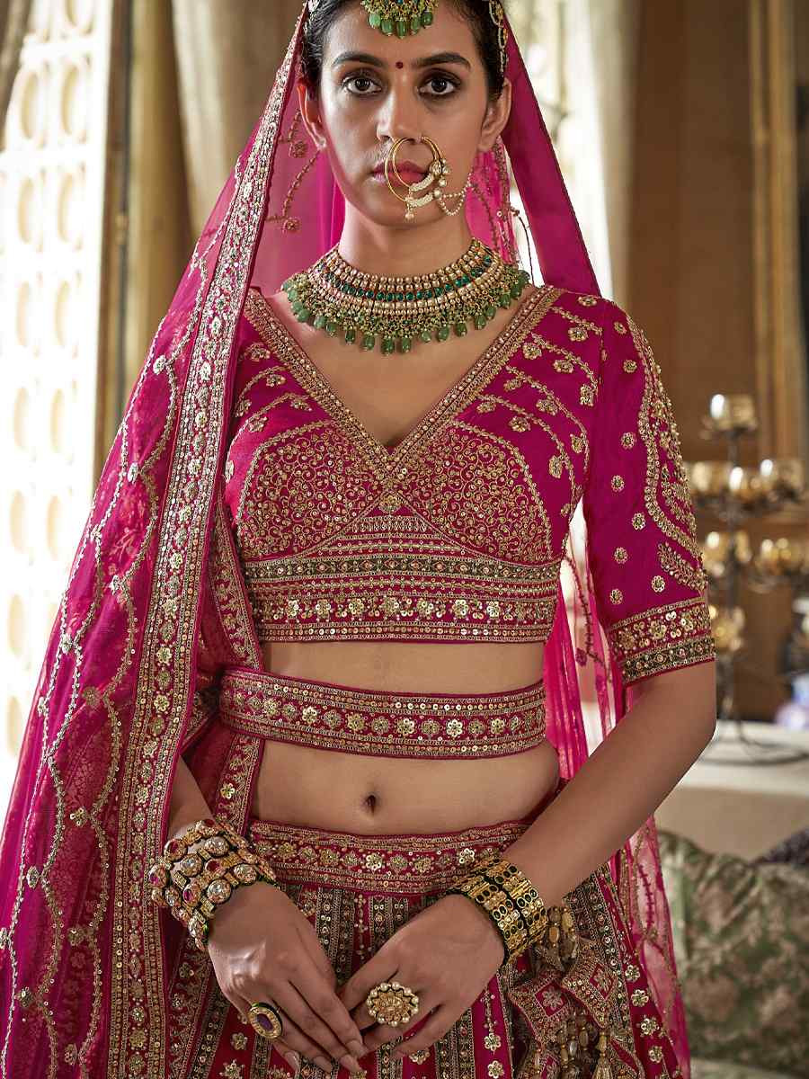 Pink Silk Embroidered Bridal Wedding Reception Festival Heavy Border Lehenga Choli