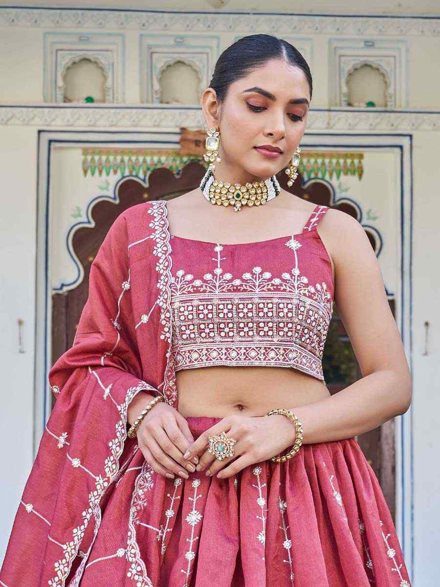 Pink Silk Embroidered Bridesmaid Wedding Heavy Border Lehenga Choli