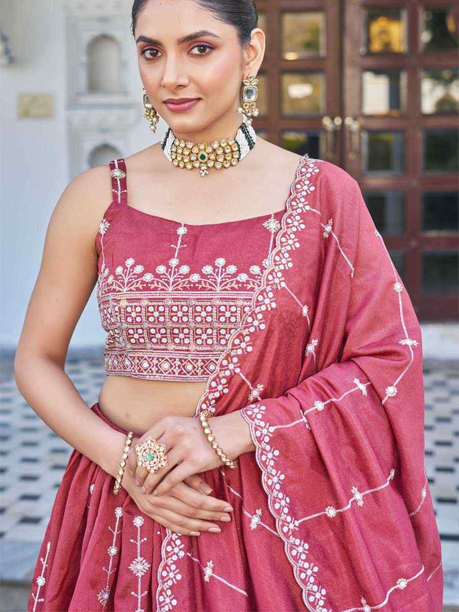 Pink Silk Embroidered Bridesmaid Wedding Heavy Border Lehenga Choli