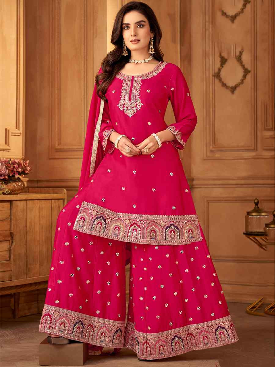 Pink Silk Embroidered Festival Casual Ready Palazzo Pant Salwar Kameez