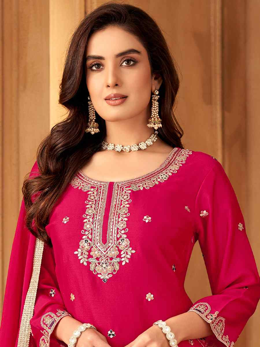 Pink Silk Embroidered Festival Casual Ready Palazzo Pant Salwar Kameez