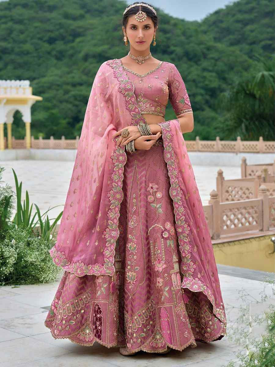 Pink Silk Embroidered Festival Reception Bridal Traditional Heavy Border Lehenga Choli