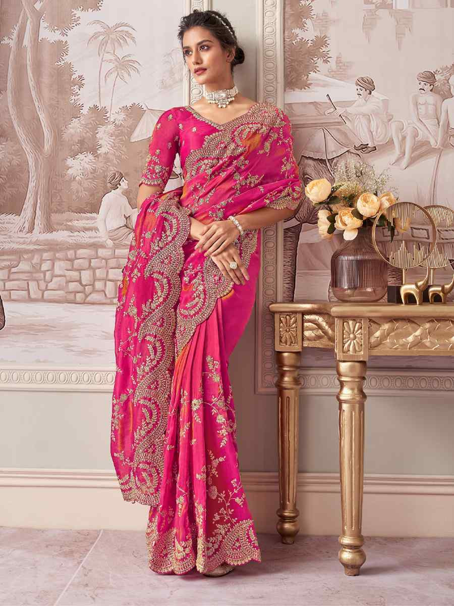 Pink Silk Embroidered Festival Wedding Fancy Heavy Border Saree