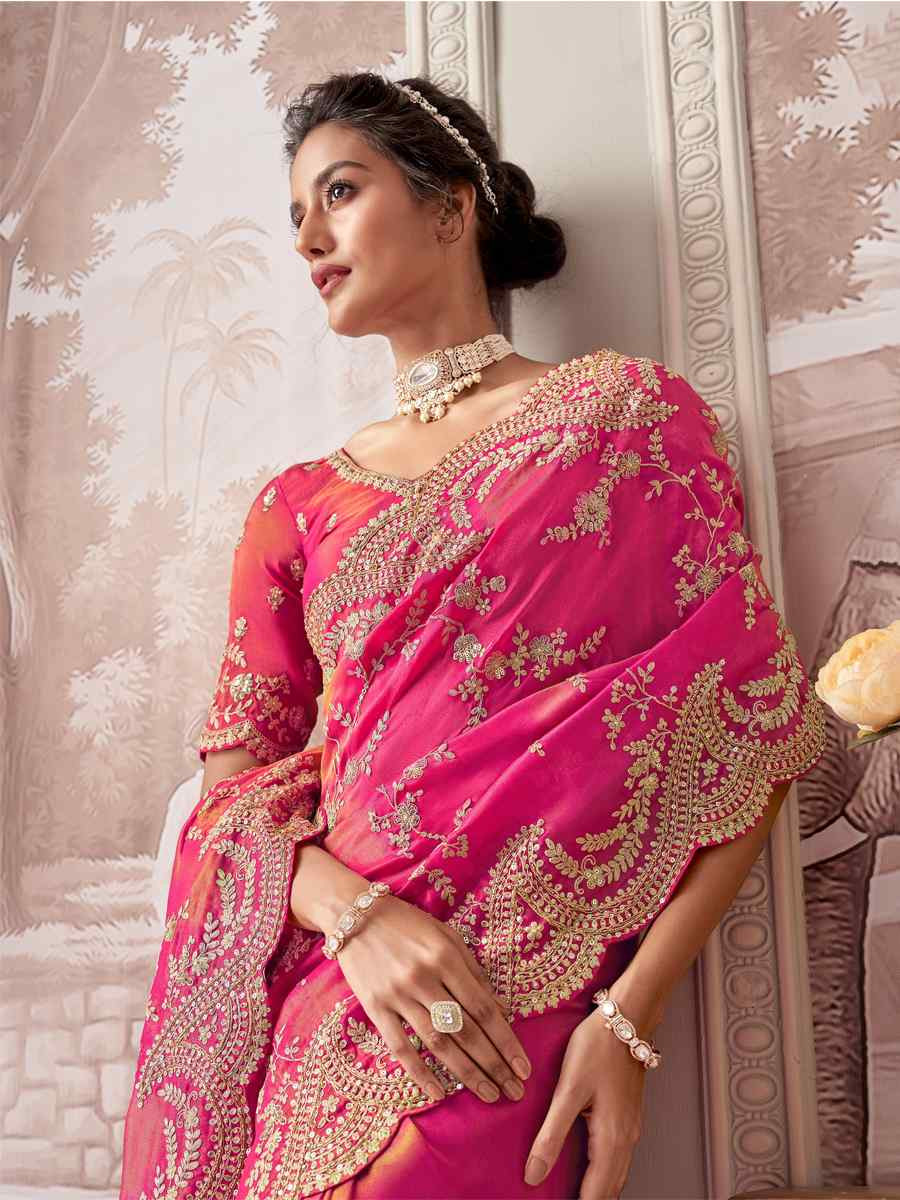 Pink Silk Embroidered Festival Wedding Fancy Heavy Border Saree