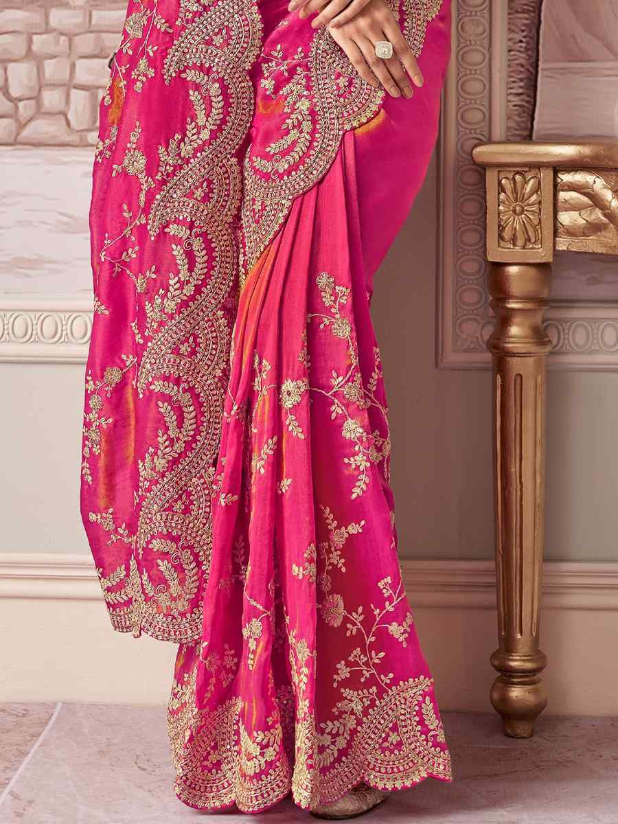 Pink Silk Embroidered Festival Wedding Fancy Heavy Border Saree